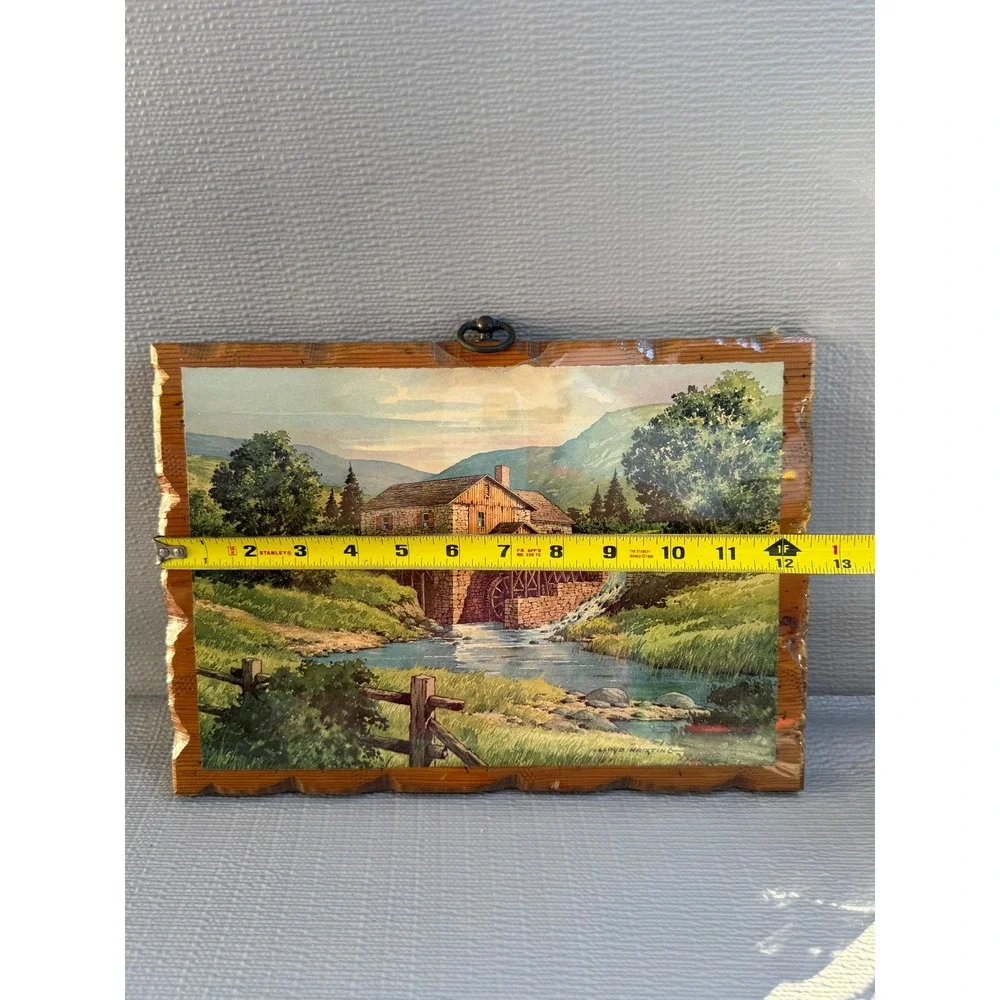 Vintage Lloyd Harting Wood Plaque Water Mill Landscape Art Chas E Lusk MFG CO